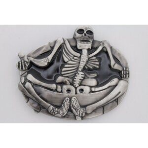 Men Women Silver Metal Belt Buckle Skull Skeleton Bones Body Big Size Oval Shape